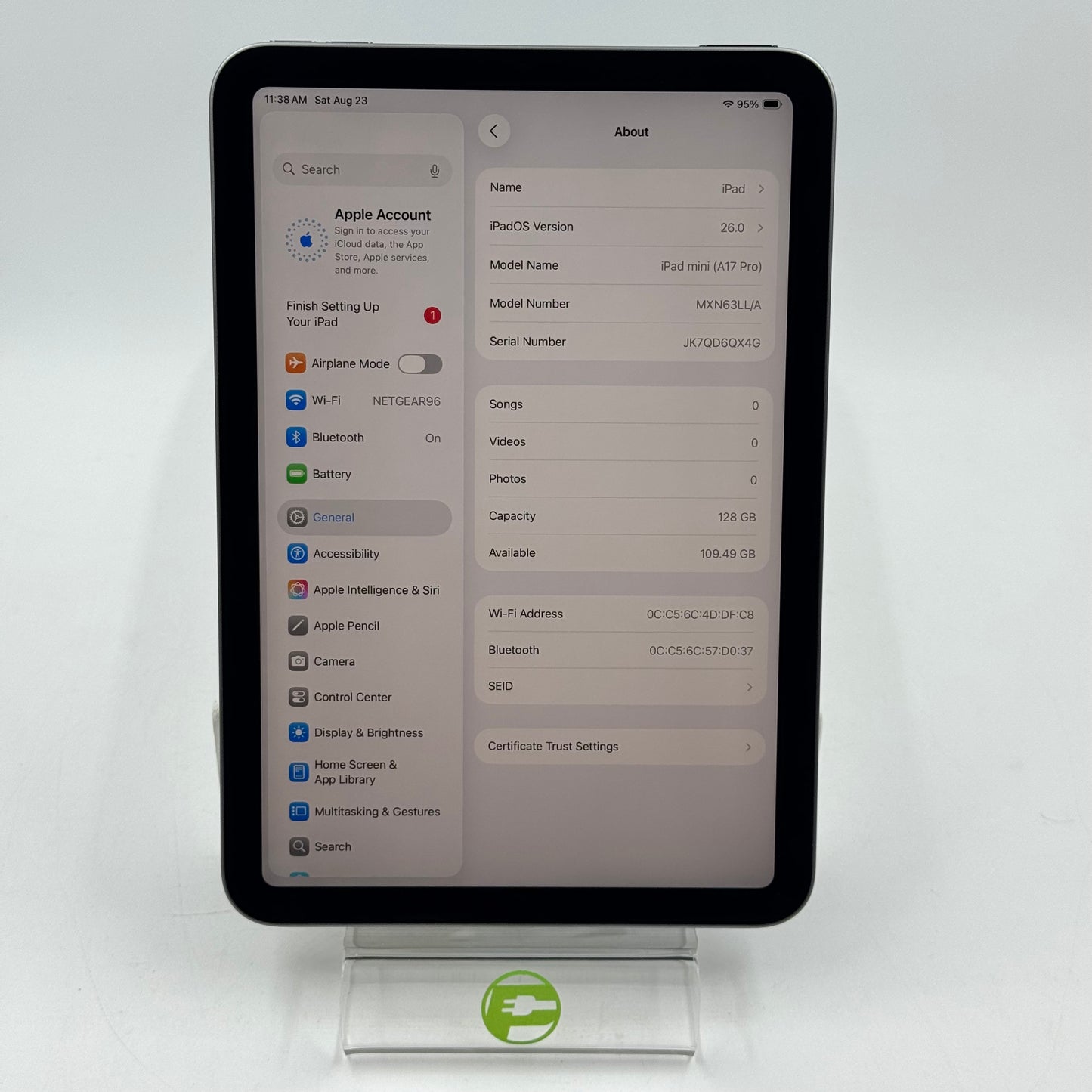 WiFi Only Apple iPad Mini (A17 Pro) 128GB 26.0 SPACE GRAY MXN63LL/A