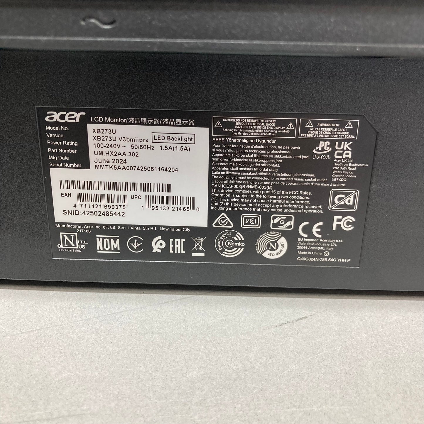 Acer 27" XB273U LCD IPS 180Hz Gaming Monitor