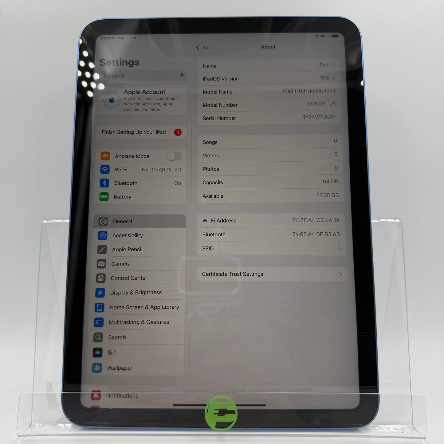 WiFi Only Apple iPad 10th Gen 64GB Blue MPQ13LL/A