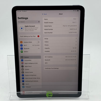 WiFi Only Apple iPad Air 5th Gen 64GB 18.4.1 Purple MME23LL/A