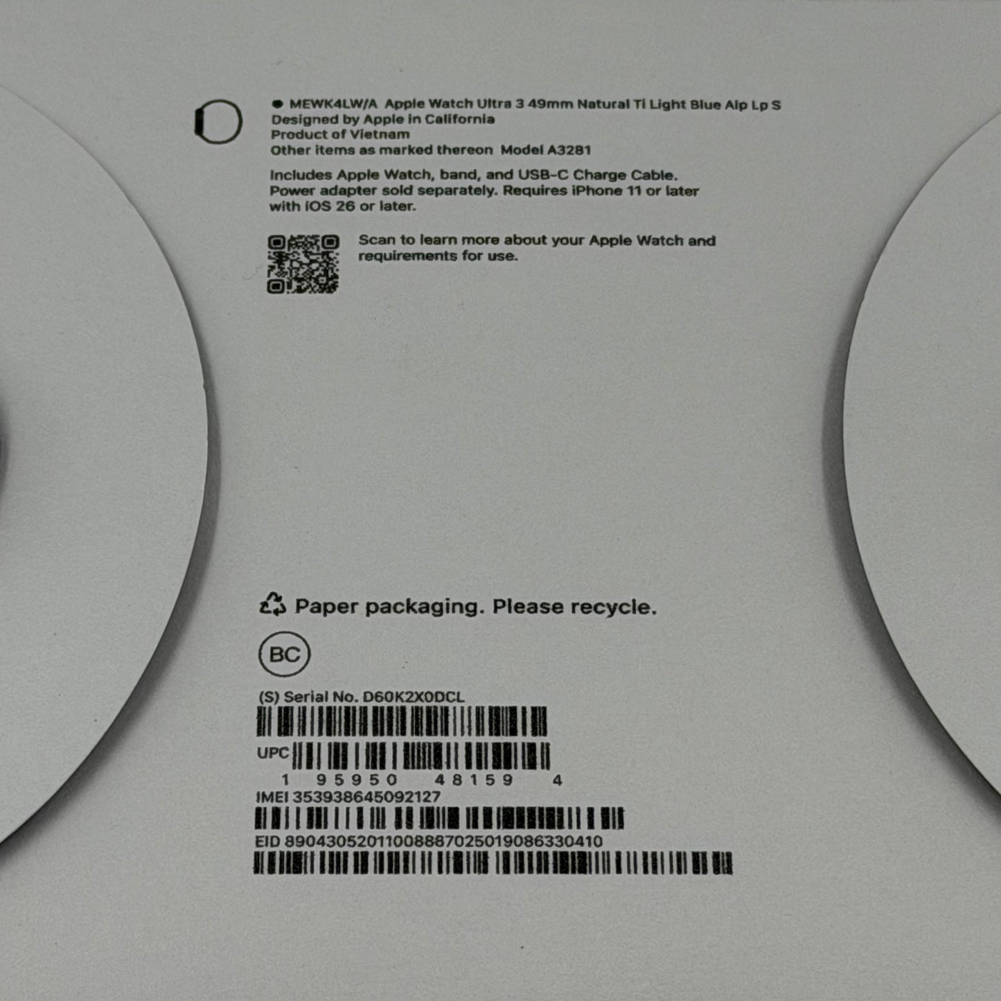 Unlocked Apple Watch Ultra 3 49MM Natural Titanium Blue Alpine Loop MEWK4LW/A