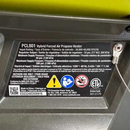 Ryobi PCL801 18V Forced Air Propane Heater