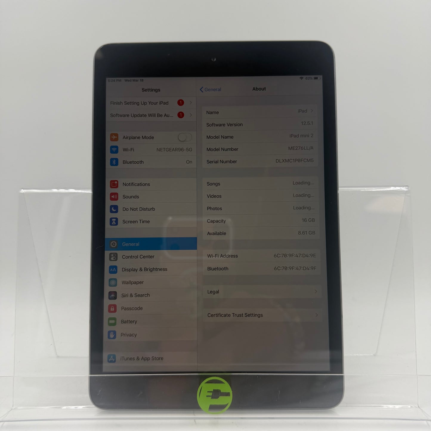 WiFi Only Apple iPad Mini 2nd Gen 16GB Space Gray ME276LL/A