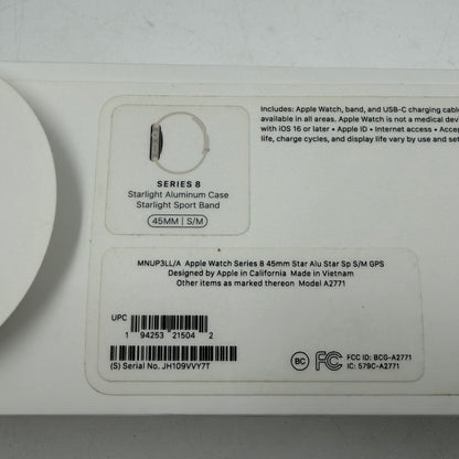 GPS Only Apple Watch Series 8 45MM Starlight Aluminum Sports Band MNUP3LL/A