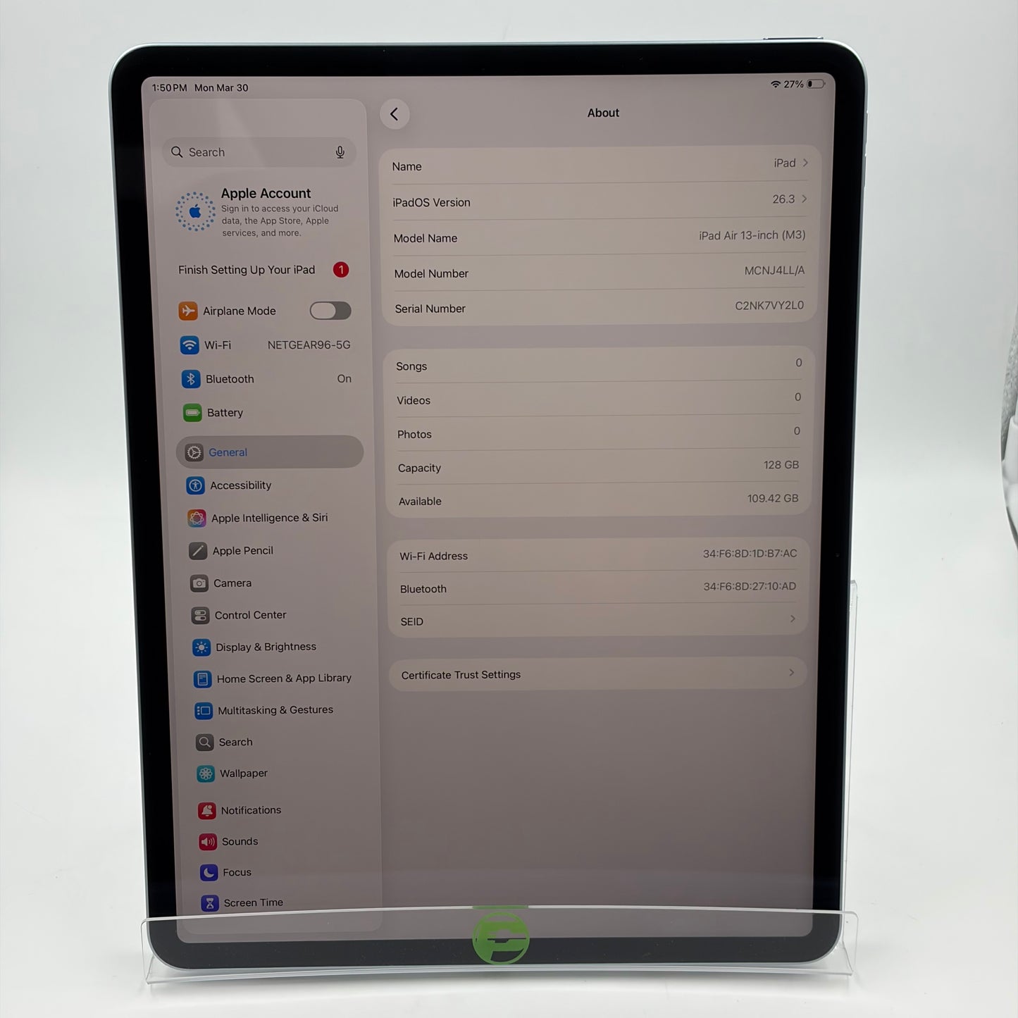 WiFi Only Apple iPad Air 13" M3 128GB Blue MCNJ4LL/A