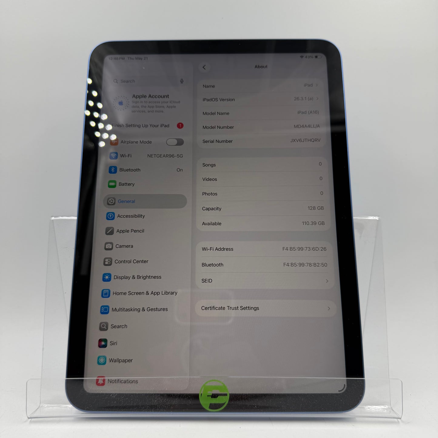 WiFi Only Apple iPad 11" (A16) 128GB Blue MD4A4LL/A