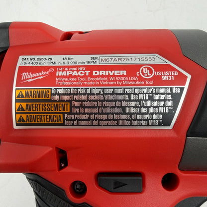 New Milwaukee 2953-20 M18 18V 1/4" (6mm) HEX Impact Driver