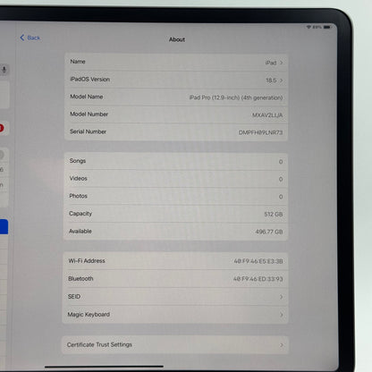 WiFi Only Apple iPad Pro 12.9" 4th Gen 512GB 18.5 SPACE GRAY MXAV2LL/A