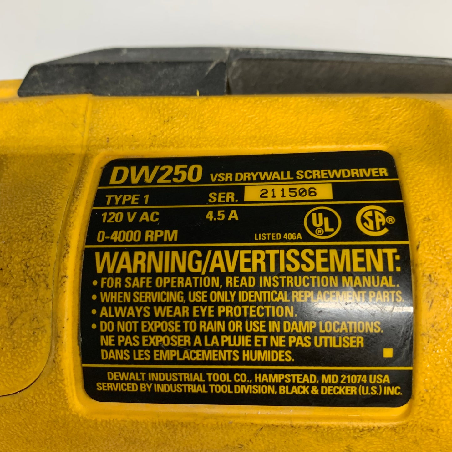 DeWalt DW250 120V VSR DryWall ScrewDriver