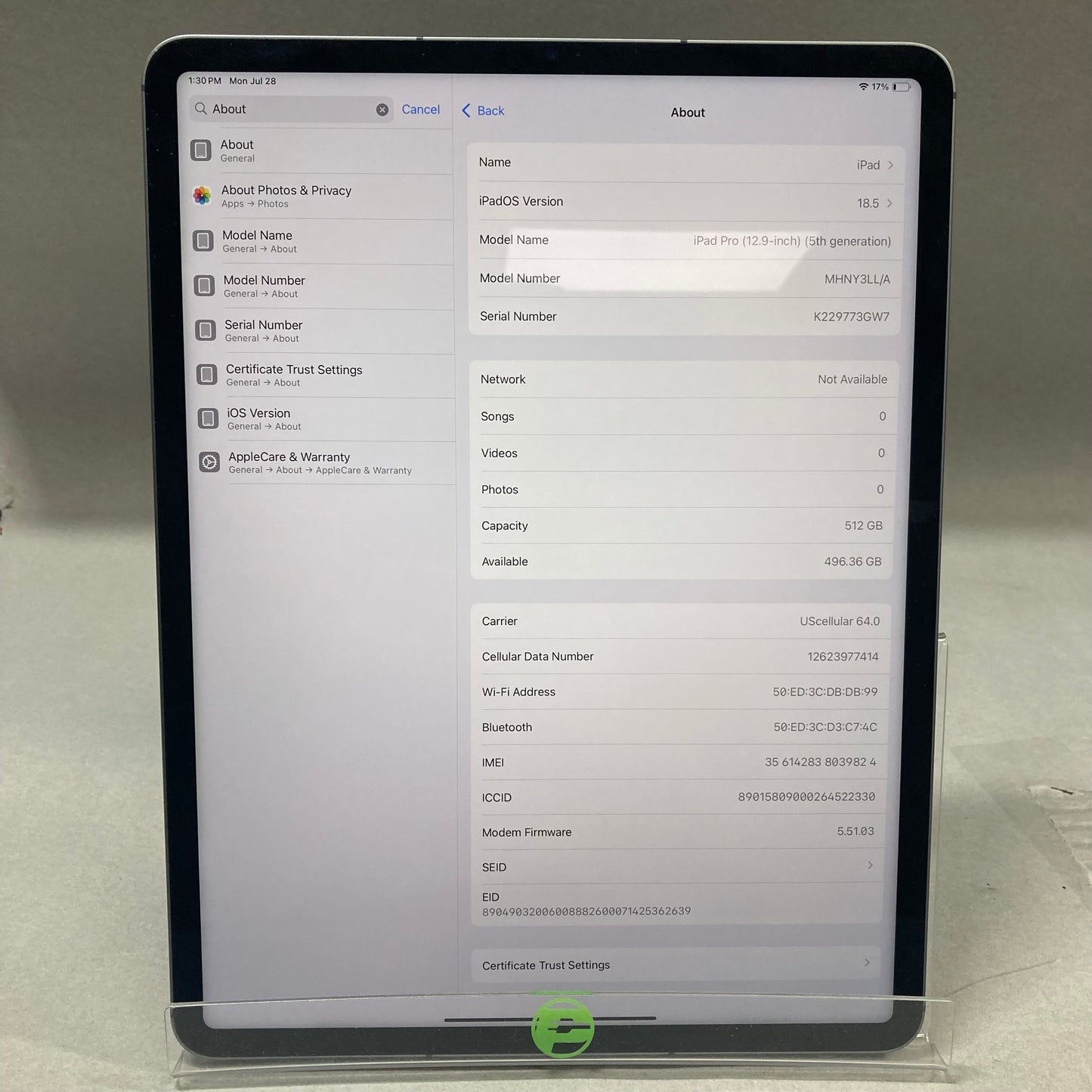 Unlocked Apple iPad 5th Gen 512 GB 18.5 Silver MHNY3LL/A