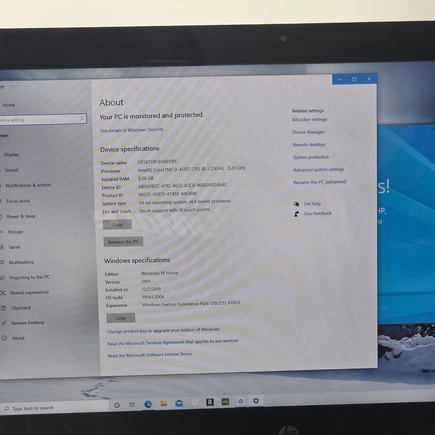 HP Pavilion 23" I3-4170T 3.20GHz 8GB RAM 500GB SSD