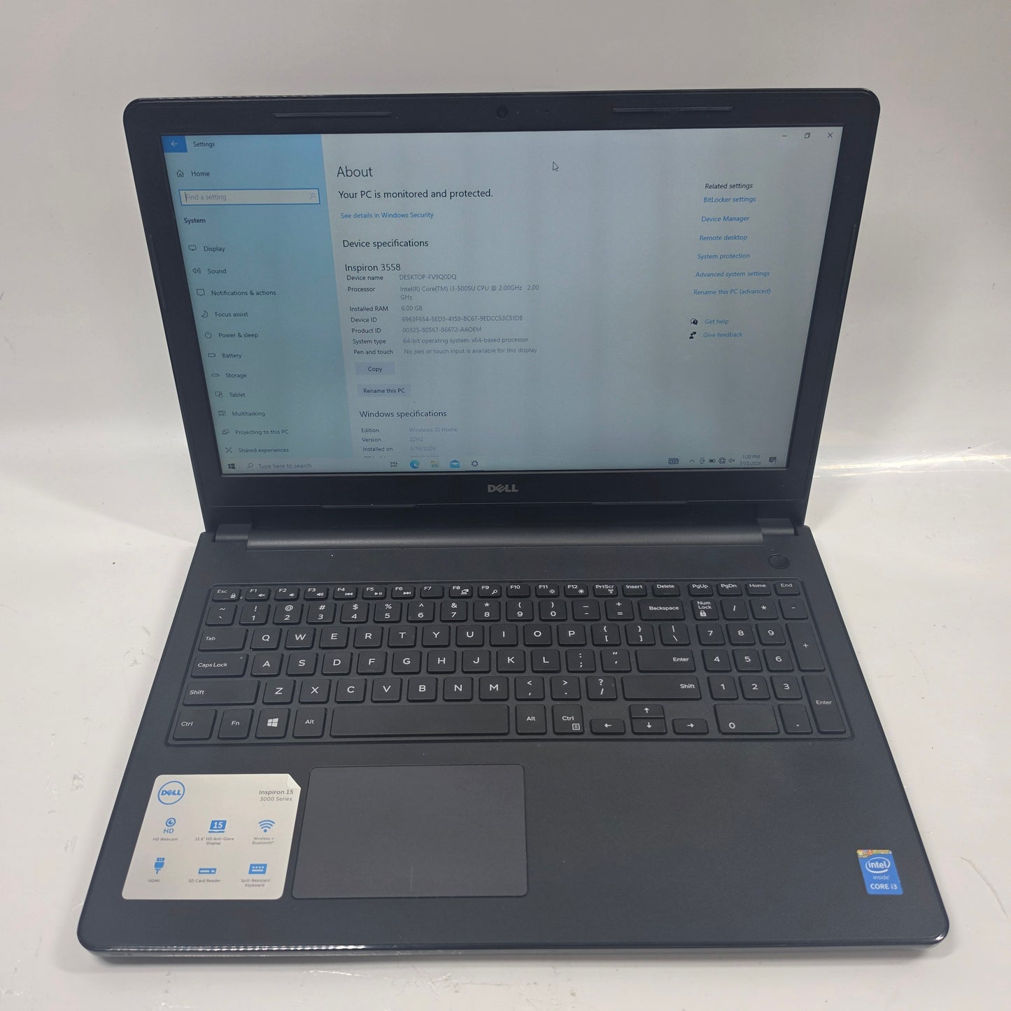 Dell Inspiron 15.6" i3-5005U 2.0GHz 6GB RAM 1TB SSD 1TB