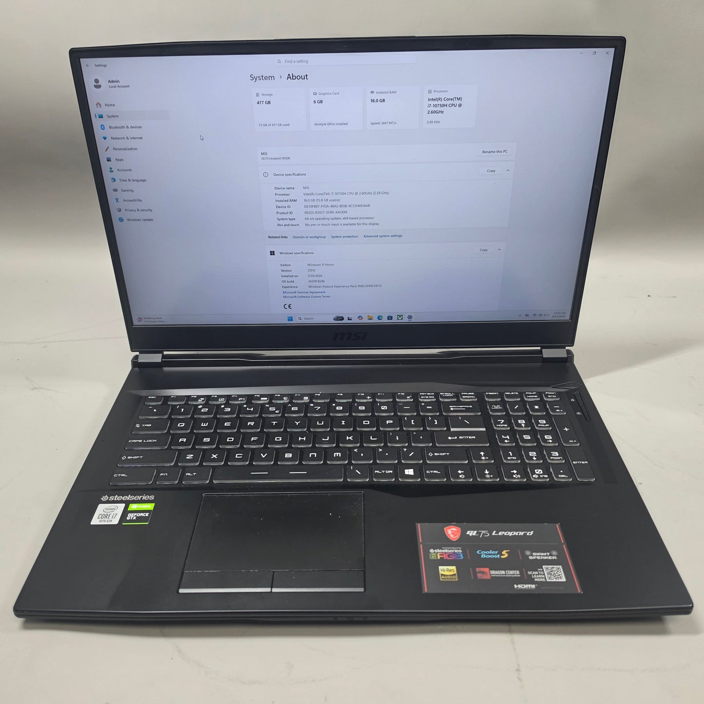 MSI Leopard GL75 GL75 17.3" i7-10750H 2.6GHz 16GB RAM 512GB GeForce GTX 1660 Ti