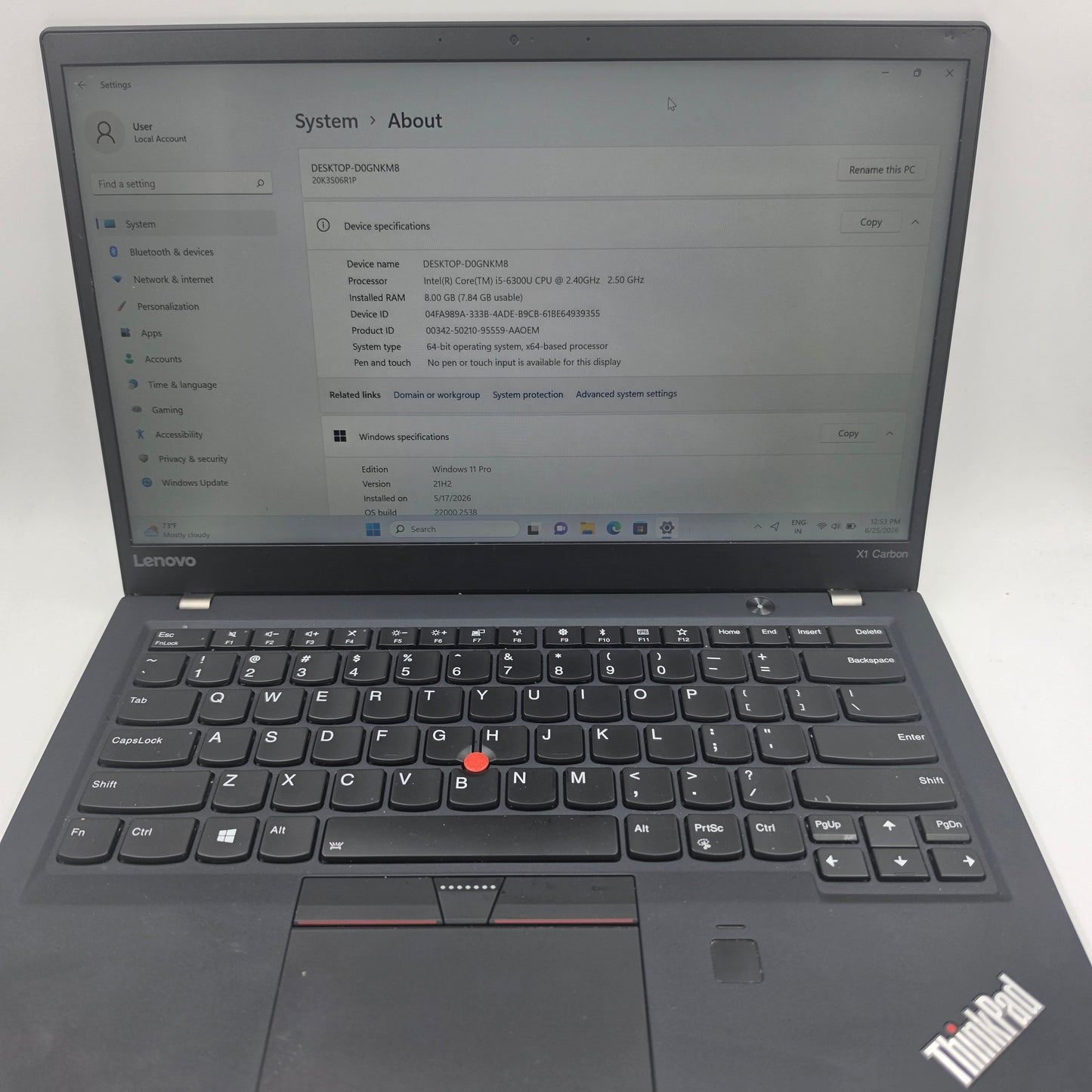 Lenovo ThinkPad X1 Carbon Gen 4 20FB005XUS 14" Core i5-6300U 8GB RAM 240GB SSD