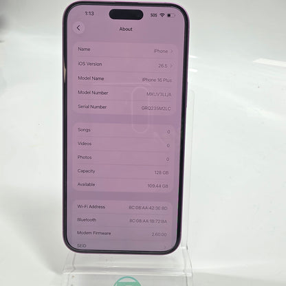 Factory Unlocked Apple iPhone 16 Plus 128GB Pink MXUV3LL/A
