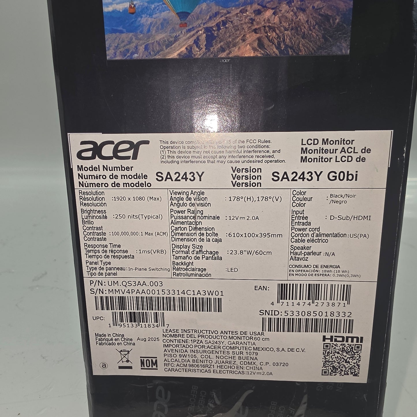 Acer 24" FHD LCD IPS Display Monitor