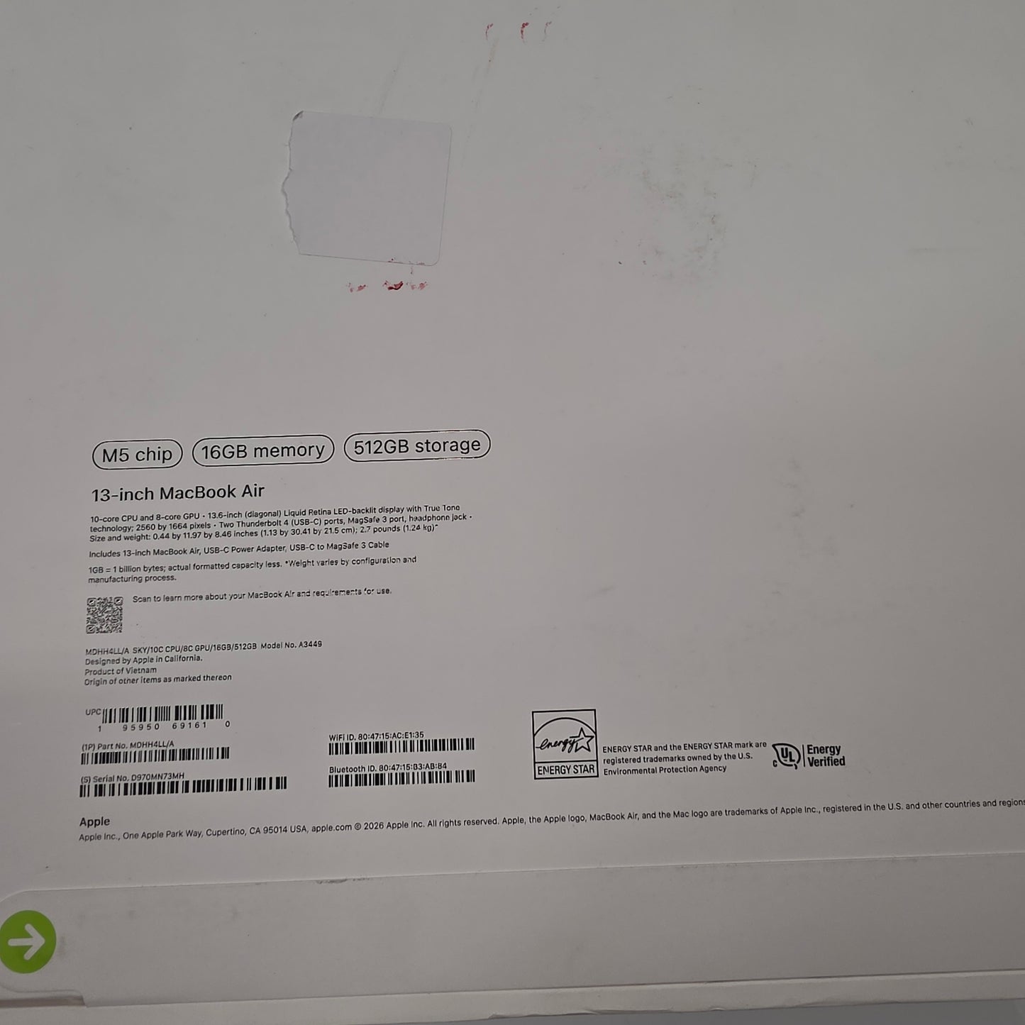 New 2026 Apple MacBook Air 13" M5 8C GPU 4.6GHz 16GB RAM 512GB SSD MDHH4LL/A