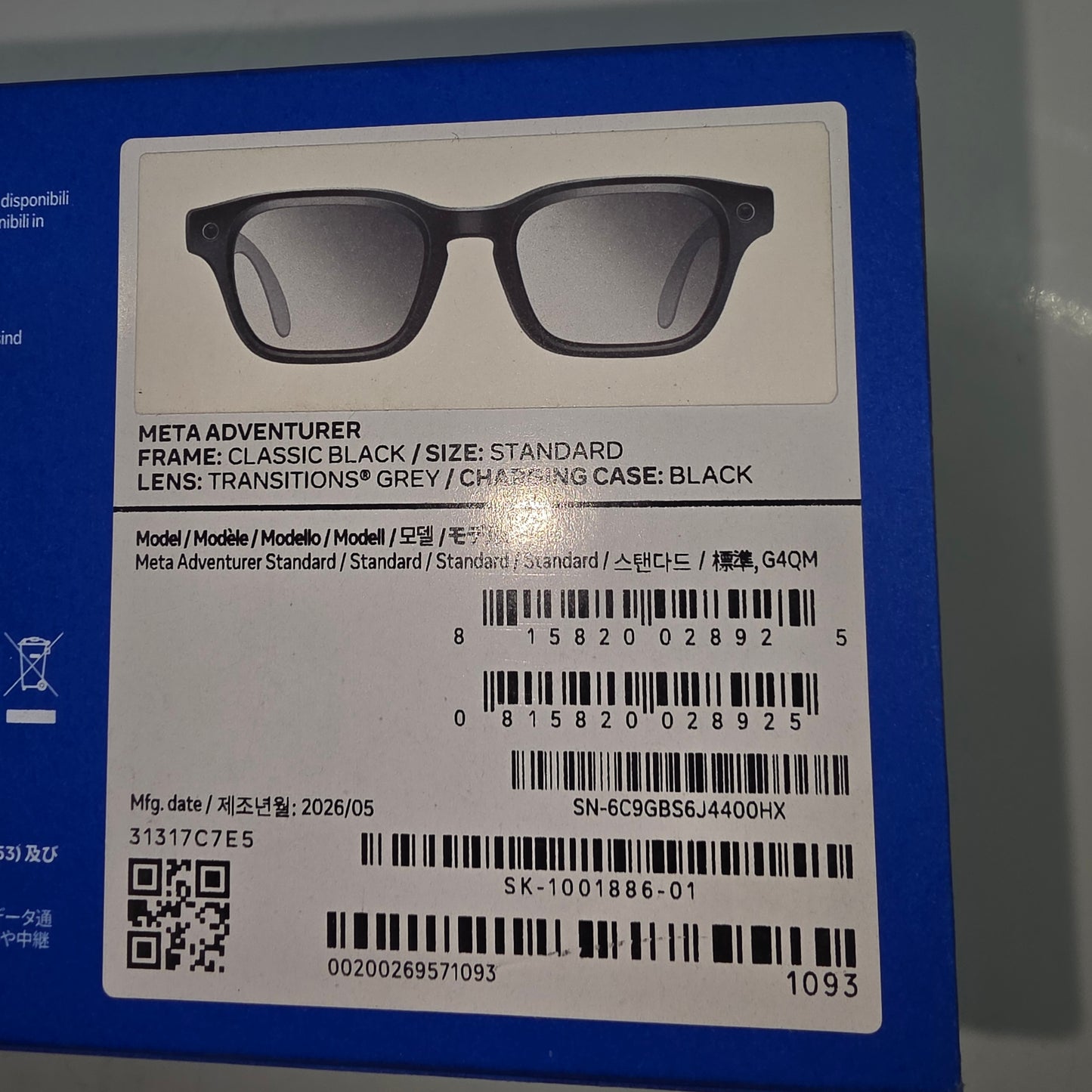 New Ray-Ban Meta Adventurer Matte Black Transitions AI Smart Glasses